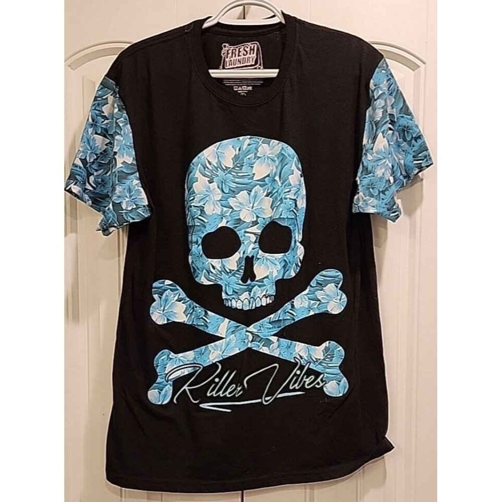 Fresh Laundry Men Black T Shirt Short Sleeve Floral Skull Killer Vibes SZ LARGE